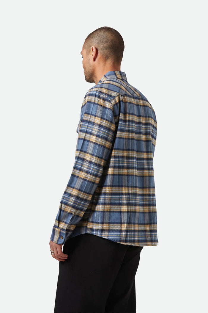 Men's Bowery L/S Flannel in the color Azure Blue/Washed Navy/Sand - Men's Back View