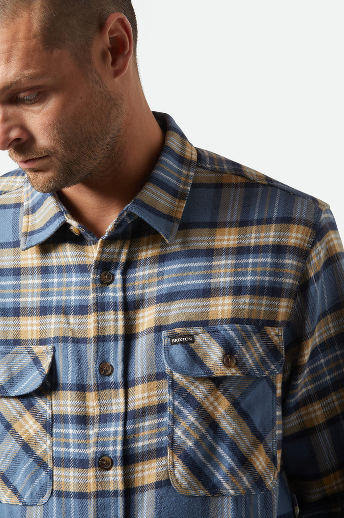 Men's Bowery L/S Flannel in the color Azure Blue/Washed Navy/Sand - Additional Fit image