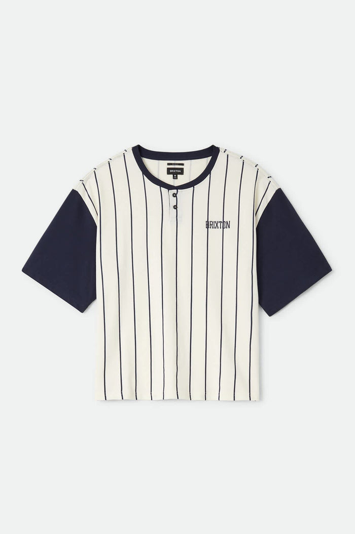 Men's Boxy Baseball T-Shirt in the color Off White Stripe/Washed Navy - Front Product Laydown Image