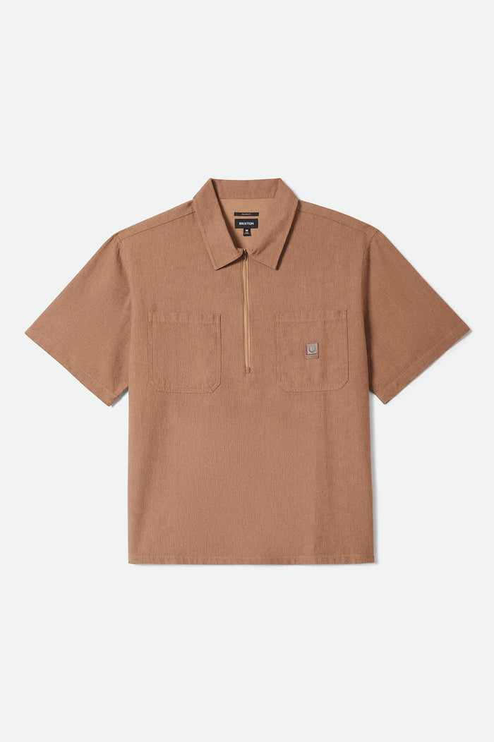 Men's Brakeman Half Zip Short Sleeve Shirt in the color Brown/Tan Stripe - Front Product Laydown Image