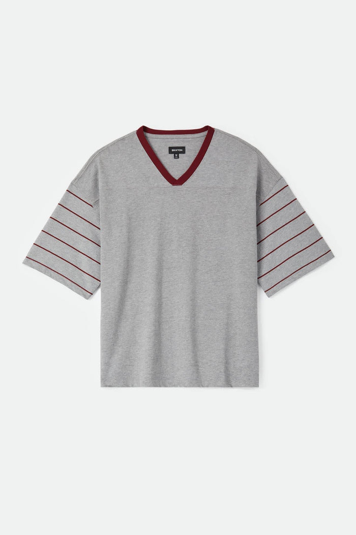 Men's Brixton Football T-Shirt in the color Heather Grey/Maroon - Front Product Laydown Image