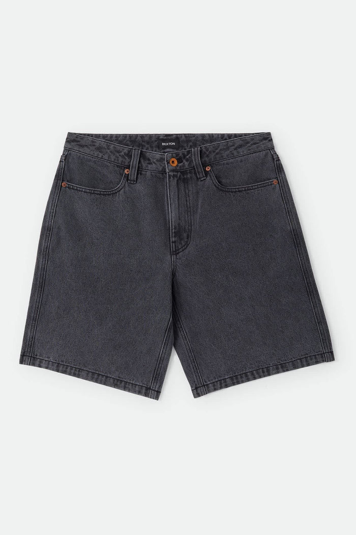 Men's Brixton Relaxed Short in the color Washed Black Denim - Front Product Laydown Image
