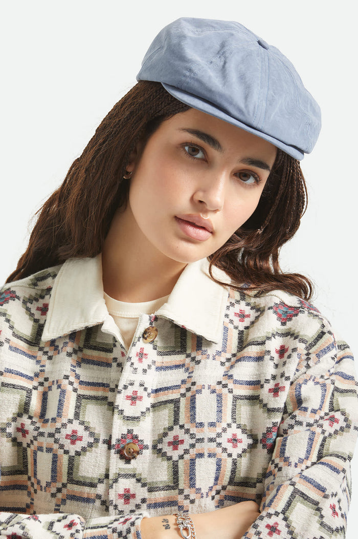 Unisex Brood Newsboy Cap in the color Slate Blue Brushed Satin - Women's Front View