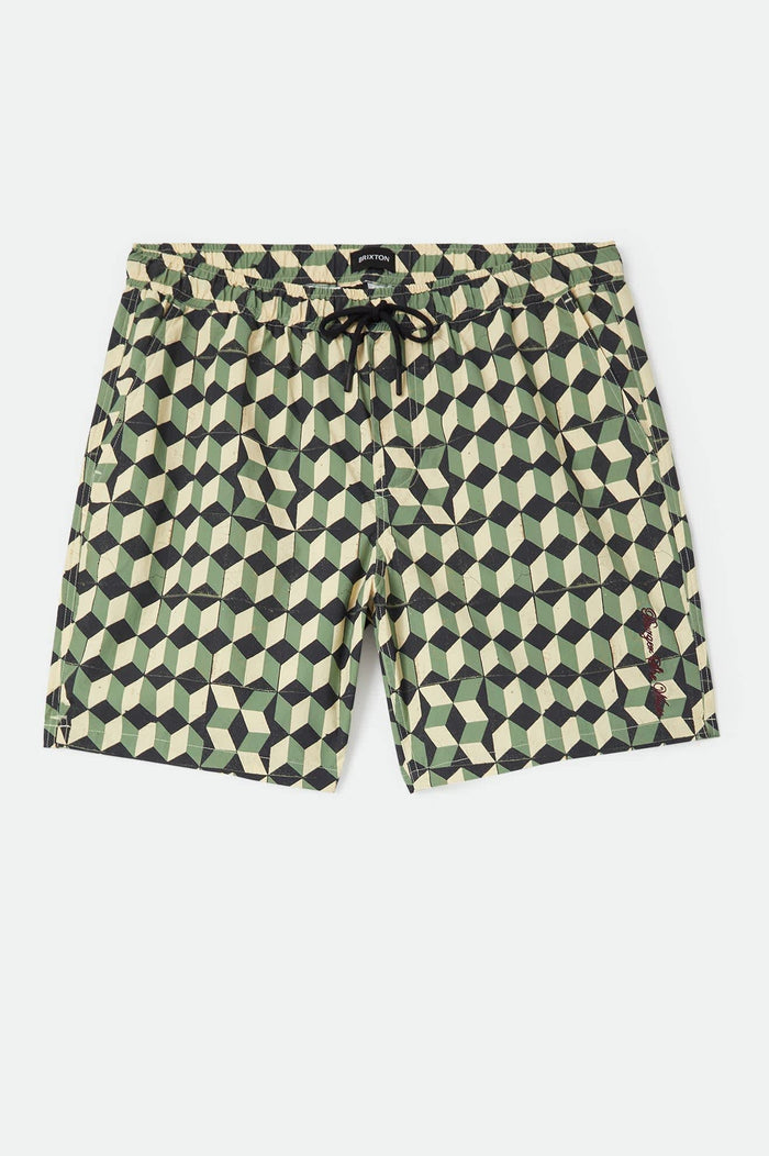Men's Burger She Wrote Hybrid Short in the color Black/Green Tile - Front Product Laydown Image
