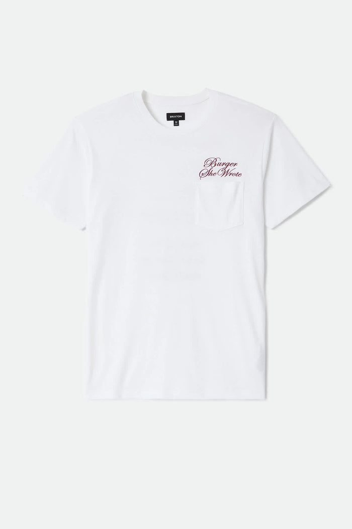Men's Burger She Wrote Pocket T-Shirt in the color White - Front Product Laydown Image