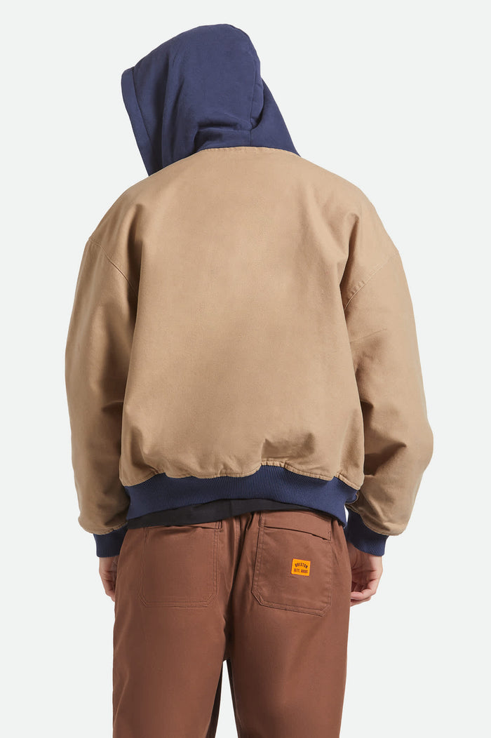Men's Canvas Hooded Bomber Jacket in the color Khaki/Mood Indigo - Men's Back View
