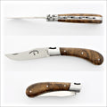 Capuchadou® 10 cm Classic Folding Knife Burled Walnut, three views: open, closed, and folded. Handcrafted details, 100% Made in France.