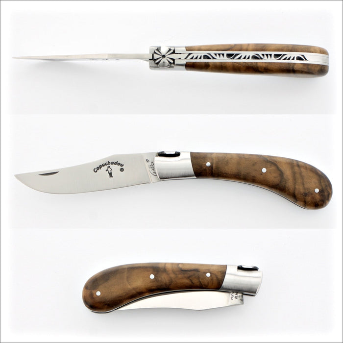 Capuchadou® 10 cm Classic Folding Knife Burled Walnut, three views: open, closed, and folded. Handcrafted details, 100% Made in France.