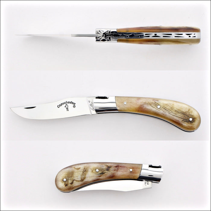 Capuchadou® 10 cm Classic Folding Knife Ram Horn Tip, side view of open and closed knife. Handcrafted details, 100% Made in France.