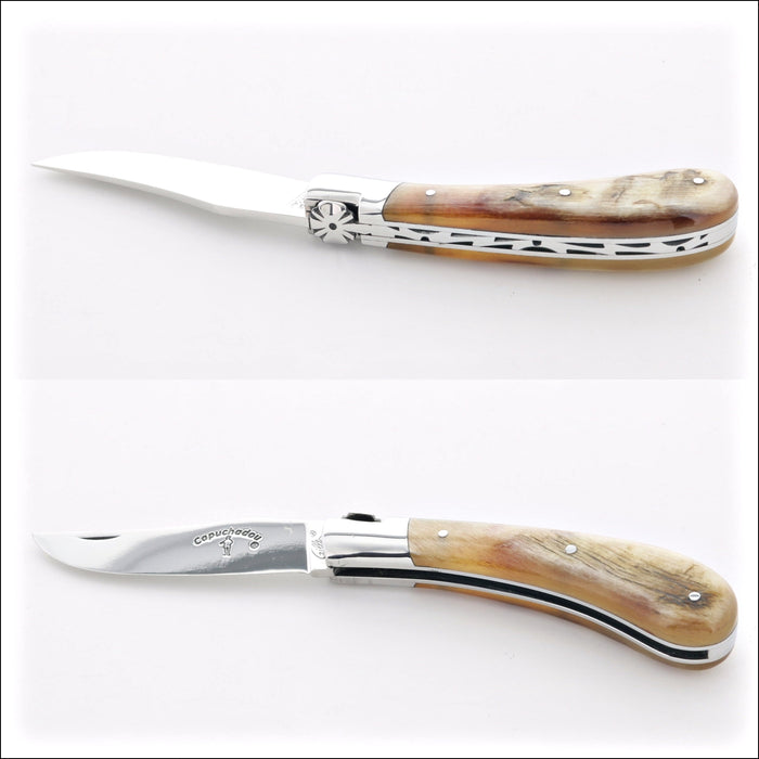 Capuchadou® 10 cm Classic Folding Knife Ram Horn Tip, open and closed side views. Handcrafted details, 100% Made in France.