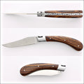 Capuchadou 12 cm Classic Folding Knife - Desert Ironwood. Top-down view of the open knife, highlighting the dark wood handle and polished blade. Handcrafted details, 100% Made in France.