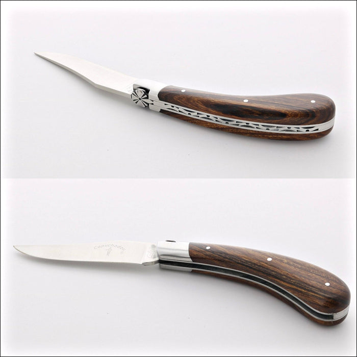 Capuchadou 12 cm Classic Folding Knife - Desert Ironwood. Side view, dark wood handle, polished blade. Handcrafted details, 100% Made in France.