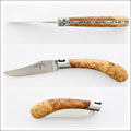 Capuchadou 12 cm Classic Folding Knife - Maple Burl. Top-down view of the open knife, showing the light brown maple burl handle and stainless steel blade. Handcrafted details, 100% Made in France.