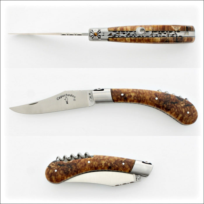 Capuchadou 12 cm Guilloche Corkscrew Knife, burled beech handle detail. Handcrafted details, 100% Made in France.