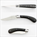 Capuchadou 12 cm Guilloche Ebony pocket knife, open and closed views. Handcrafted details, 100% Made in France.