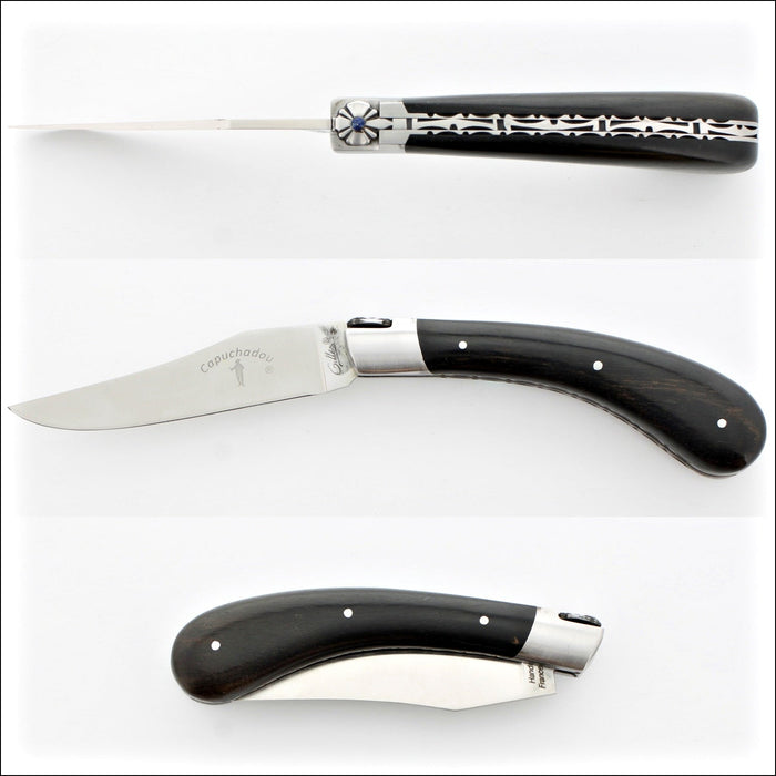 Capuchadou 12 cm Guilloche Ebony pocket knife, open and closed views. Handcrafted details, 100% Made in France.