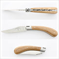 Capuchadou 12 cm Guilloche Oak Barrel Wood, side view of open knife with engraved blade and handle. Handcrafted details, 100% Made in France.