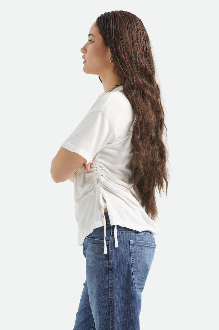 Women's Carefree Organic Garment Dye Cinch T-Shirt in the color Off White - Women's Side View