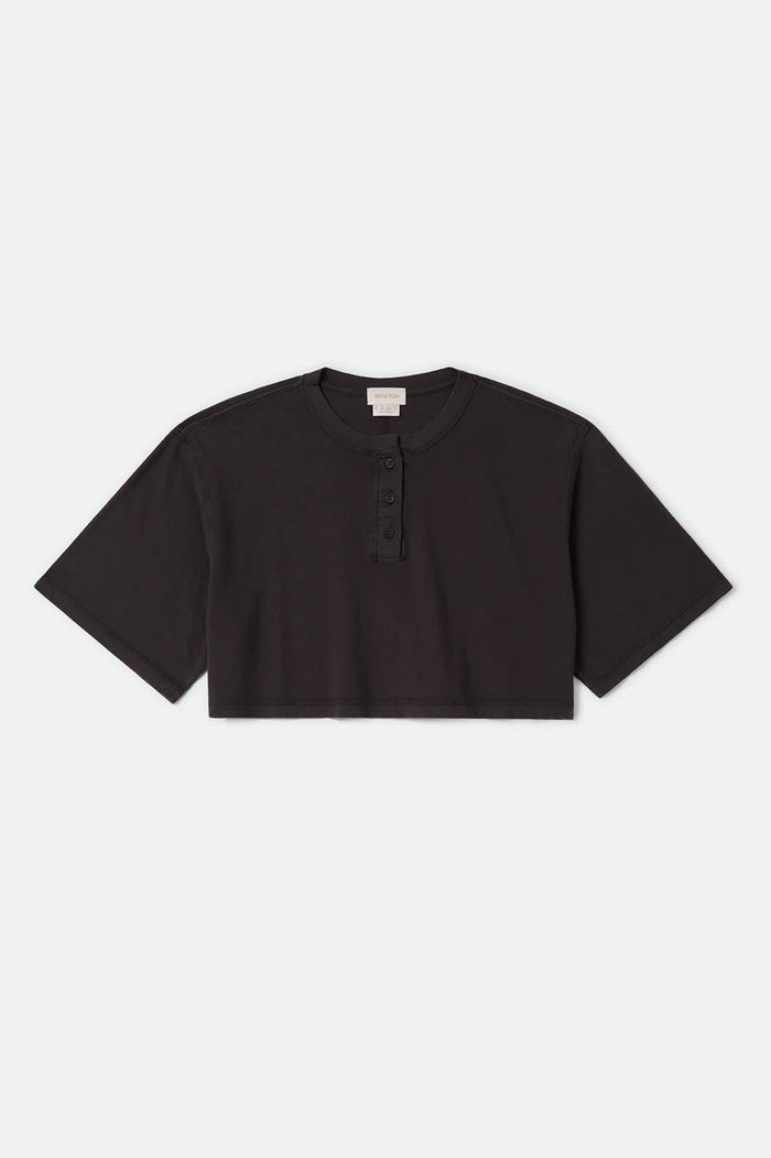Women's Carefree Organic Garment Dye Cropped Henley in the color Black - Front Product Laydown Image