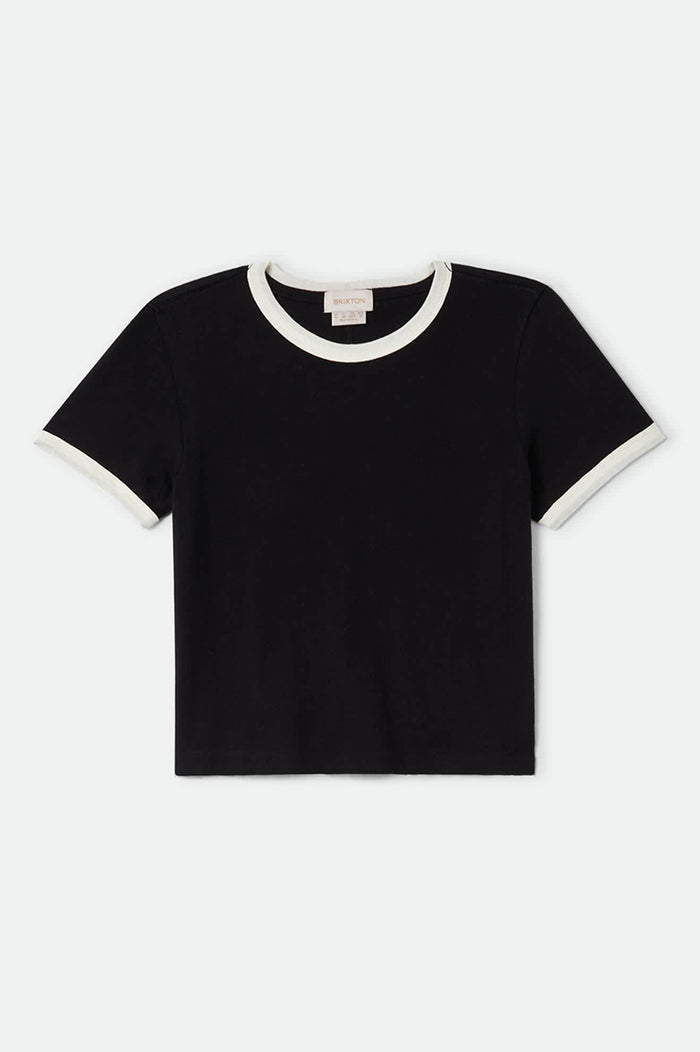 Women's Carefree Organic Garment Dye Ringer T-Shirt in the color Black/Off White - Front Product Laydown Image