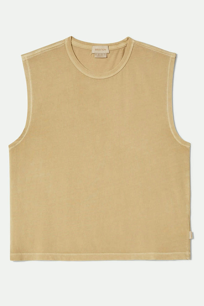 Women's Carefree Organic Garment Dyed Muscle Tank in the color Pale Khaki - Front Product View