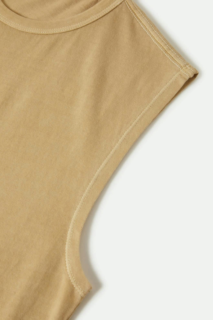 Women's Carefree Organic Garment Dyed Muscle Tank in the color Pale Khaki - Additional Laydown image