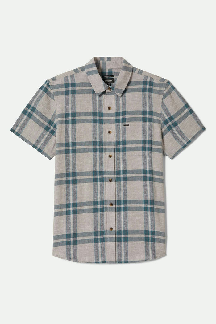 Men's Charter Linen Blend S/S Shirt in the color Beige/Azure Blue Plaid - Front Product View