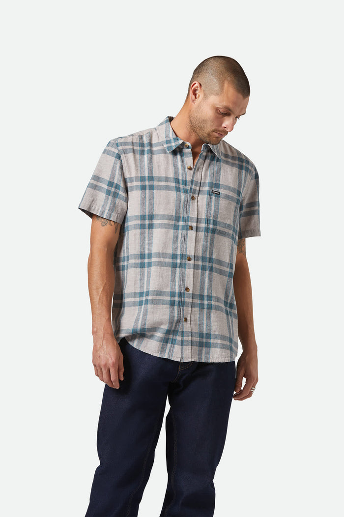 Men's Charter Linen Blend S/S Shirt in the color Beige/Azure Blue Plaid - Men's Front View