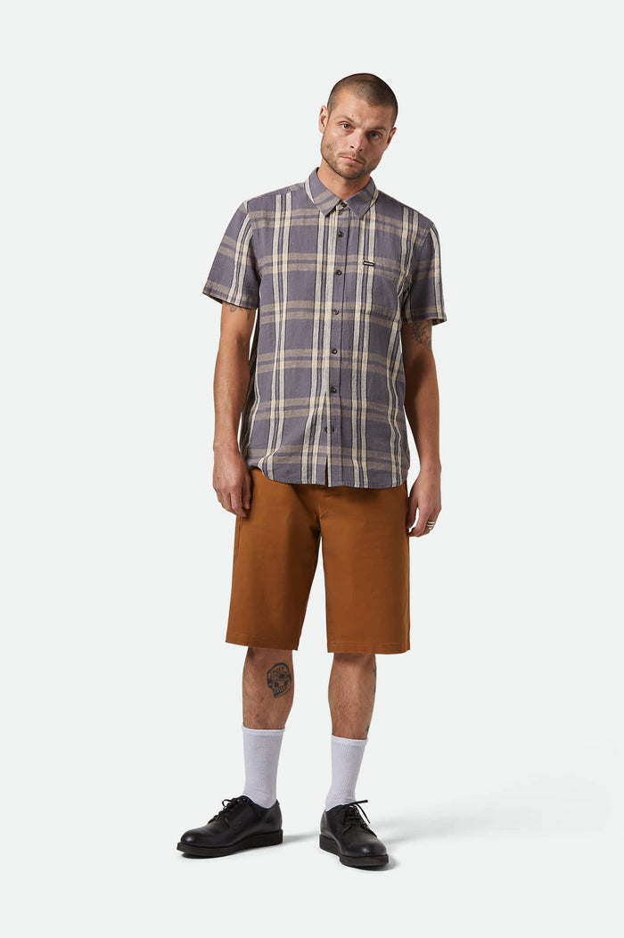 Men's Charter Linen Blend S/S Shirt in the color Charcoal/Beige Plaid - Men's Front View