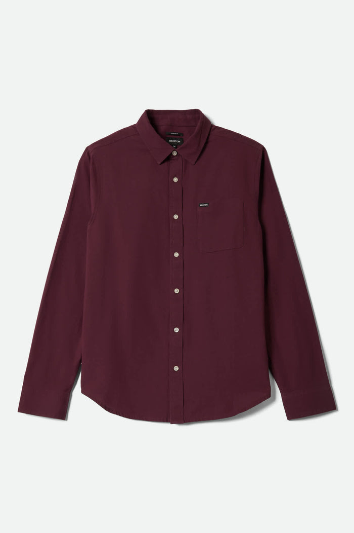 Men's Charter Long Sleeve Shirt in the color Port - Front Product Laydown Image