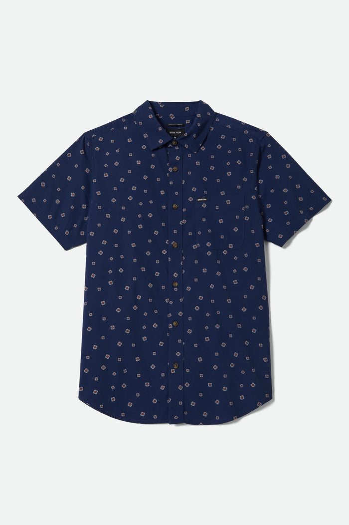 Men's Charter Print Short Sleeve Shirt in the color Midnight Blue Geo - Front Product View