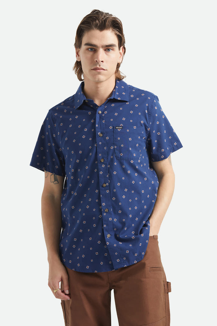 Men's Charter Print Short Sleeve Shirt in the color Midnight Blue Geo - Men's Front View
