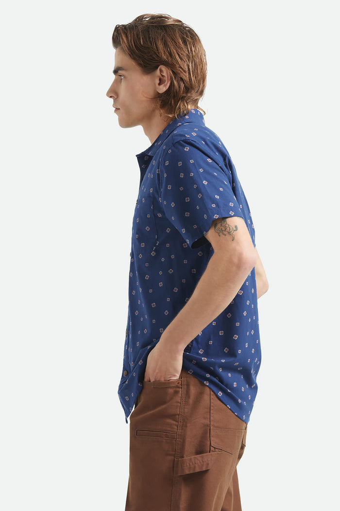 Men's Charter Print Short Sleeve Shirt in the color Midnight Blue Geo - Men's Side View