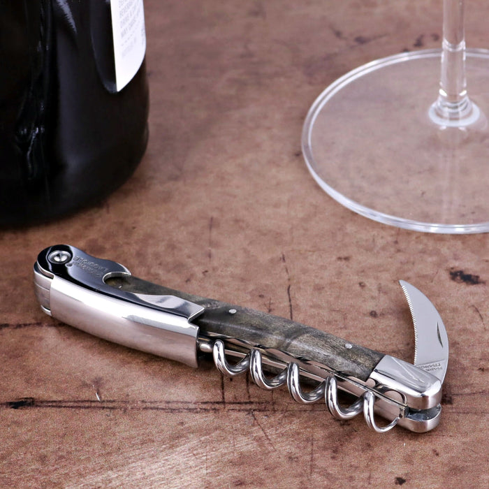 Chateau Laguiole Classic Grey Buckeye Burl Corkscrew, close-up of handle and worm. Handcrafted details, 100% Made in France.