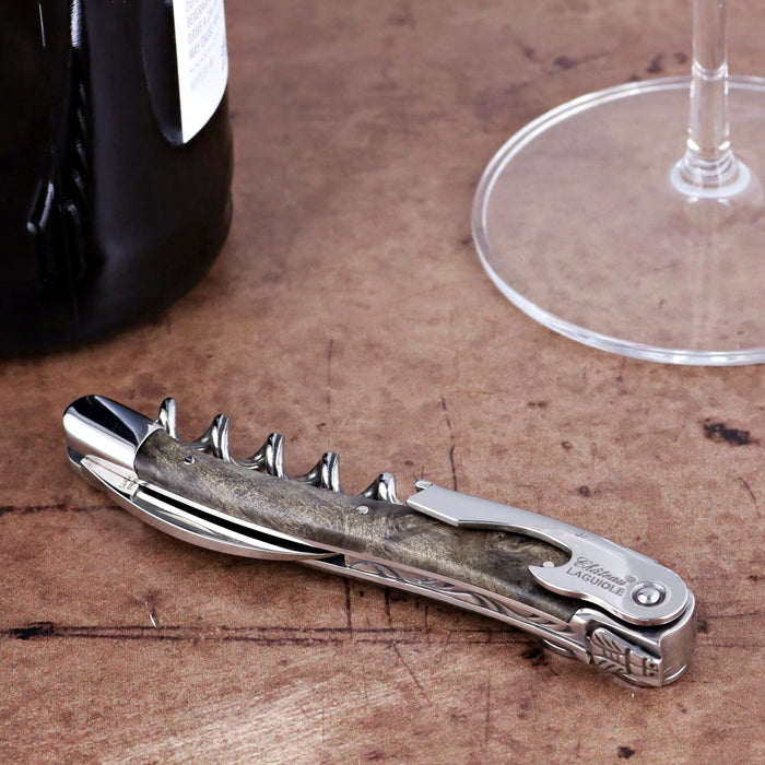 Chateau Laguiole Classic Grey Buckeye Burl Corkscrew, close-up of handle. Handcrafted details, 100% Made in France.