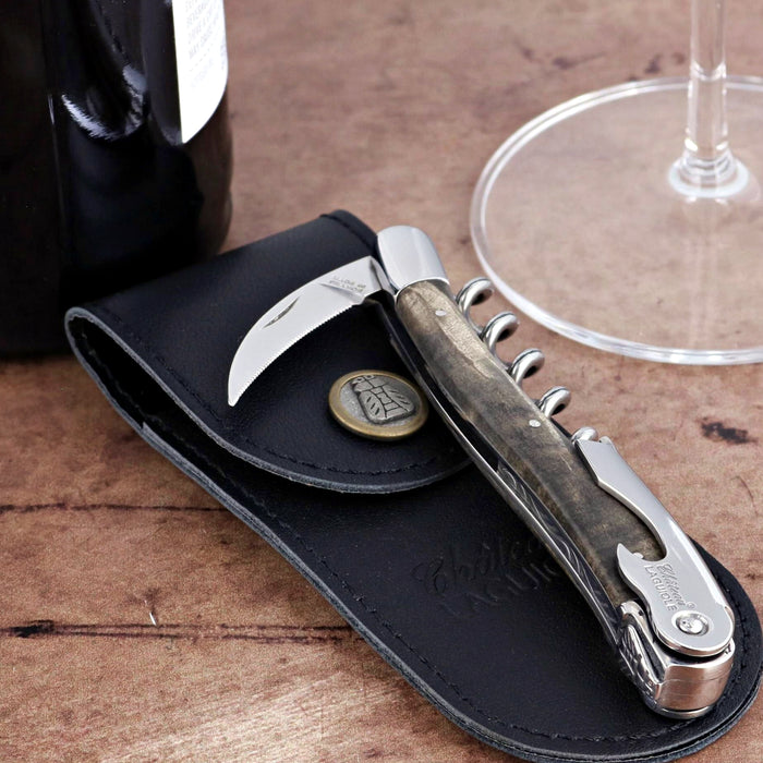 Chateau Laguiole Classic Grey Buckeye Burl Corkscrew, close-up of handle detail. Handcrafted details, 100% Made in France.