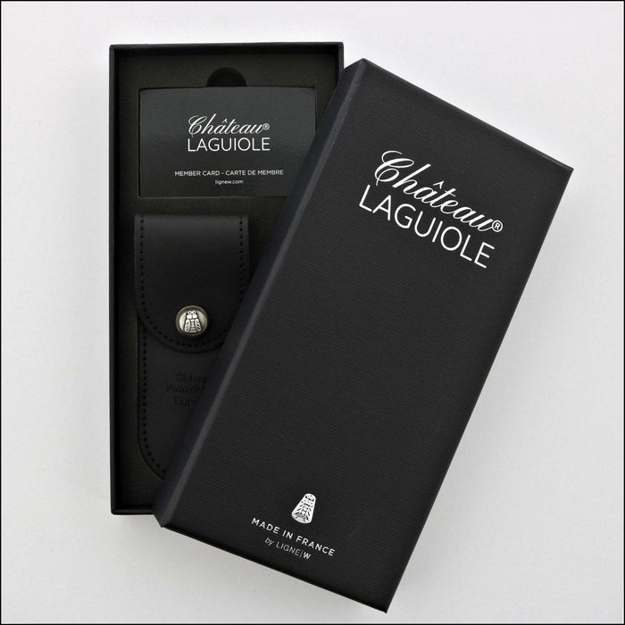 Chateau Laguiole Classic Brown Buckeye Burl Corkscrew, presented in a black gift box with a leather sheath and member card. Handcrafted details, 100% Made in France.