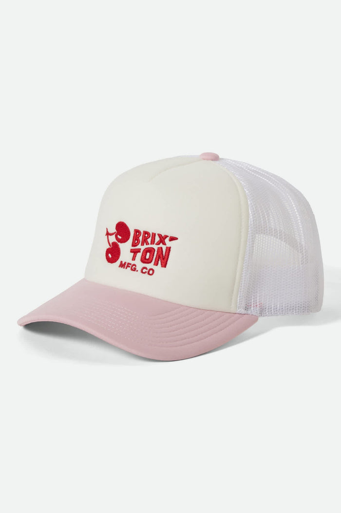 Women's Cherry NetPlus Trucker Hat in the color Off White/Pink - Front Product View
