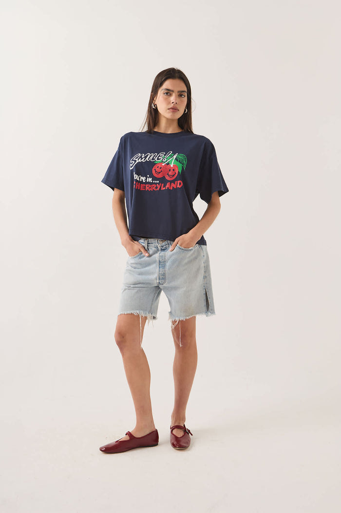 Women's Cherryland Boxy Cropped Crew in the color Washed Navy - Women's Front Fit Image
