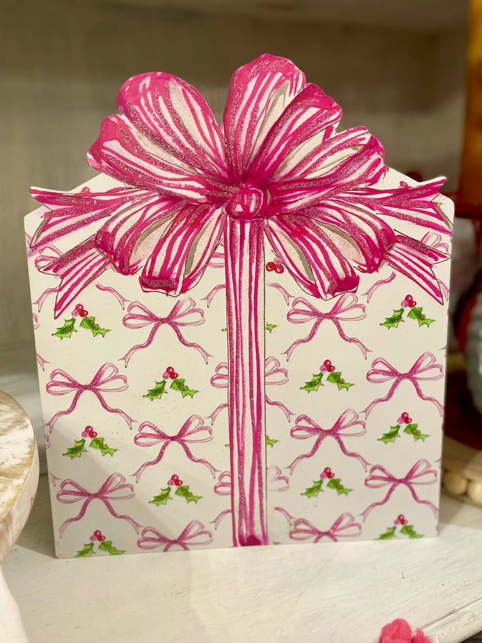 Christmas Pink Peppermint Ribbon Metal Package with Attached Easel