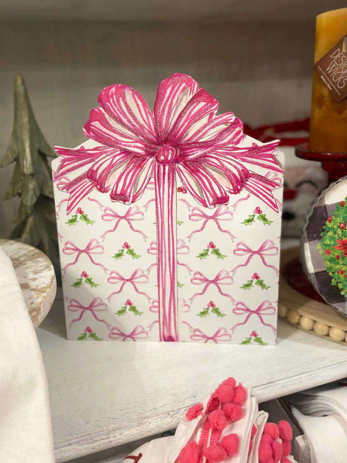 Christmas Pink Peppermint Ribbon Metal Package with Attached Easel