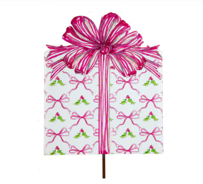 Christmas Pink Peppermint Ribbon Metal Package with Attached Easel