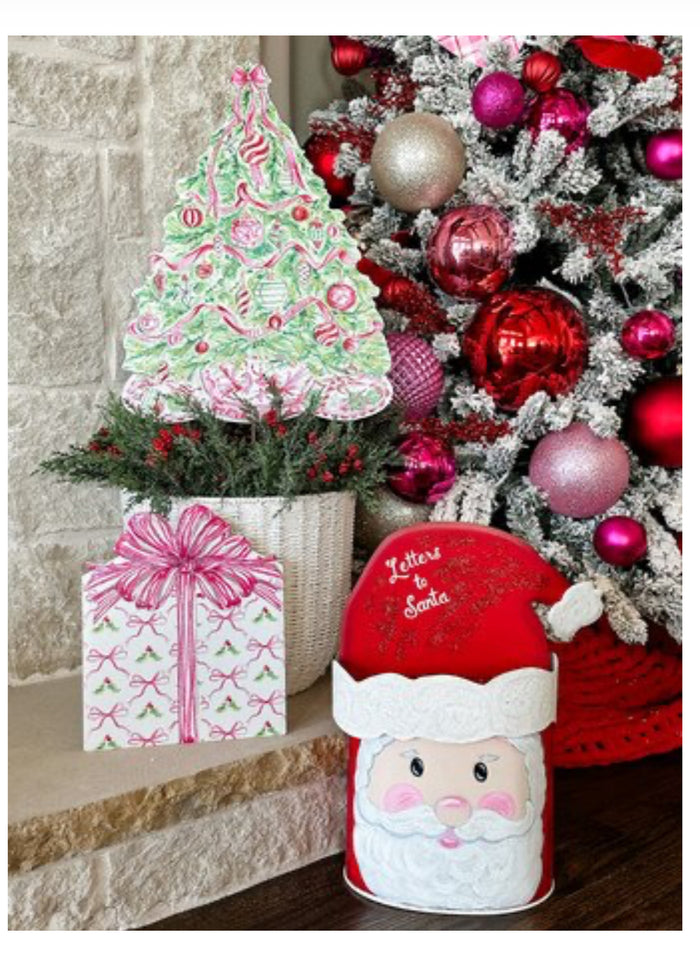 Christmas Pink Peppermint Ribbon Metal Package with Attached Easel