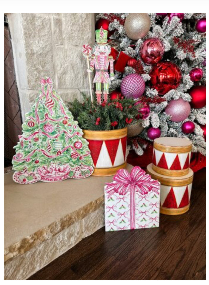 Christmas Pink Peppermint Ribbon Metal Package with Attached Easel