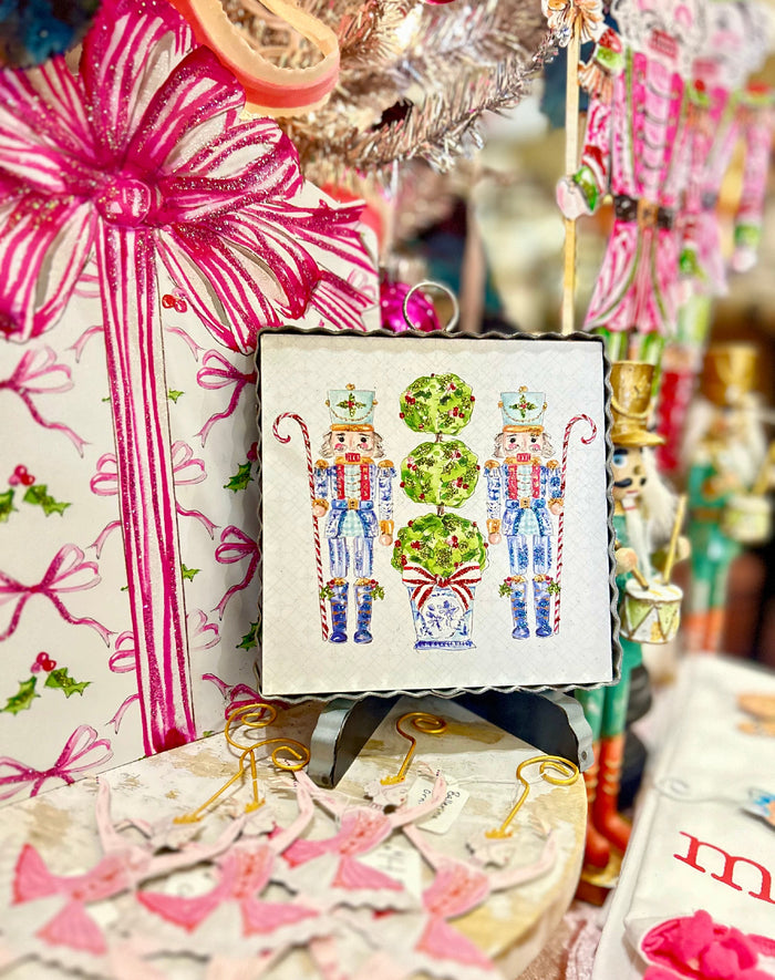 Christmas Pink Peppermint Ribbon Metal Package with Attached Easel