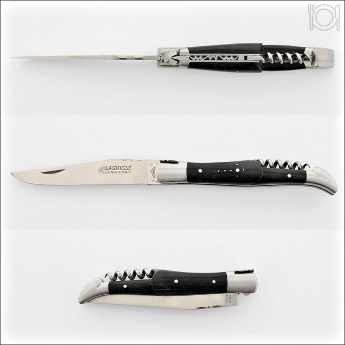 Classic Laguiole Corkscrew Knife Ebony Handle, top-down view of open and closed knife. Handcrafted details, 100% Made in France.