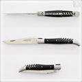 Classic Laguiole Corkscrew Knife Ebony Handle, top-down view of open and closed knife. Handcrafted details, 100% Made in France.