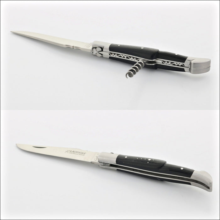 Classic Laguiole Corkscrew Knife Ebony Handle, top-down view of the open blade and corkscrew. Handcrafted details, 100% Made in France.
