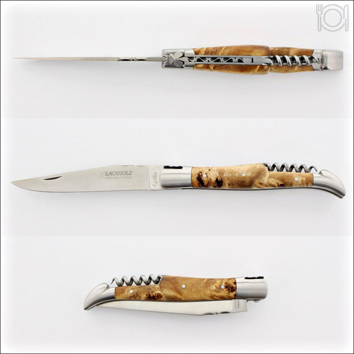 Classic Laguiole Corkscrew Knife Poplar Burl Handle, side view. Handcrafted details, 100% Made in France.