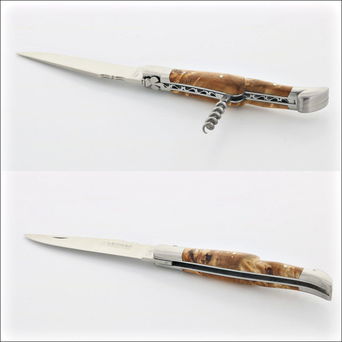 Classic Laguiole Corkscrew Knife Poplar Burl Handle, close-up showing the corkscrew and blade. Handcrafted details, 100% Made in France.